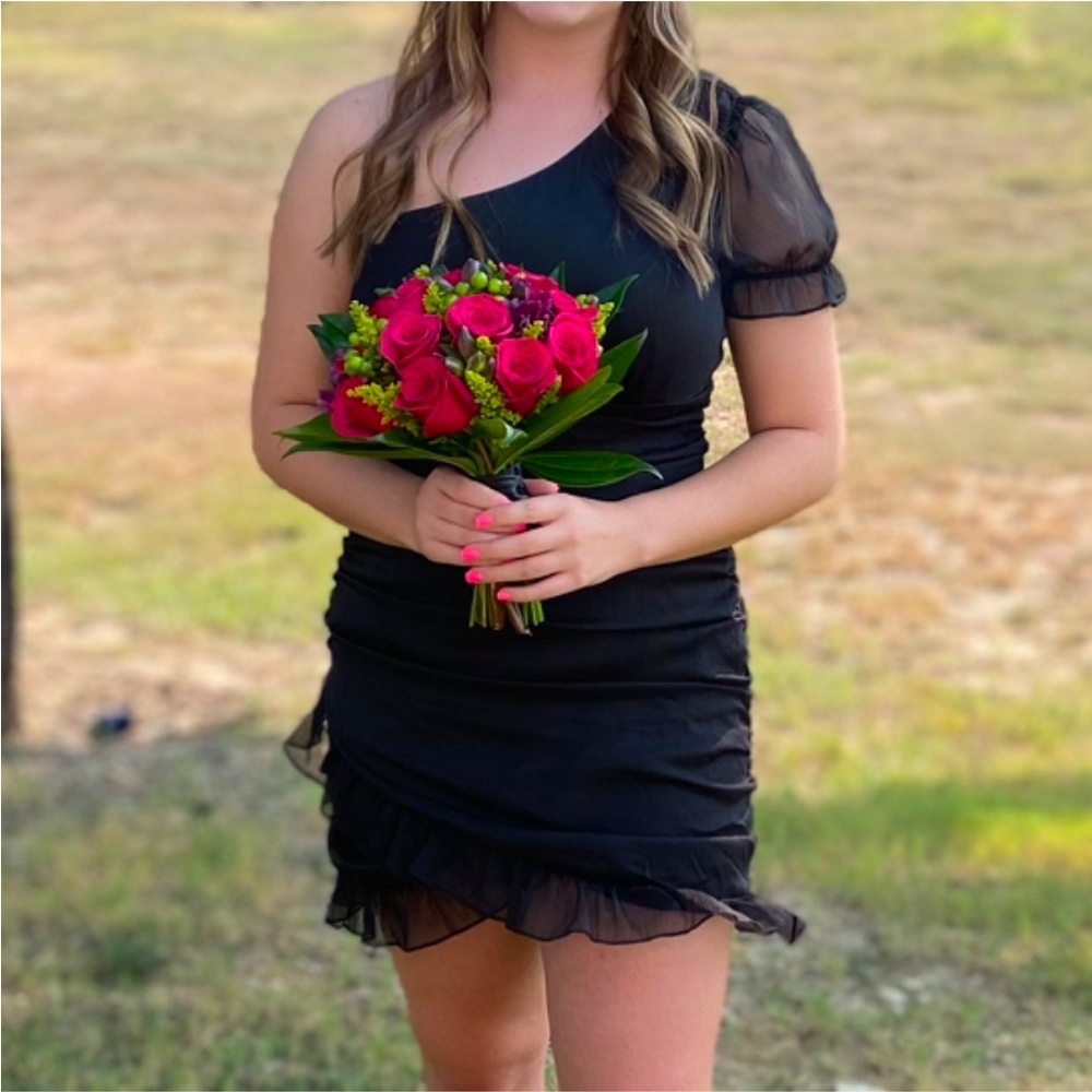 Boutique One Shoulder black dress with ruffles